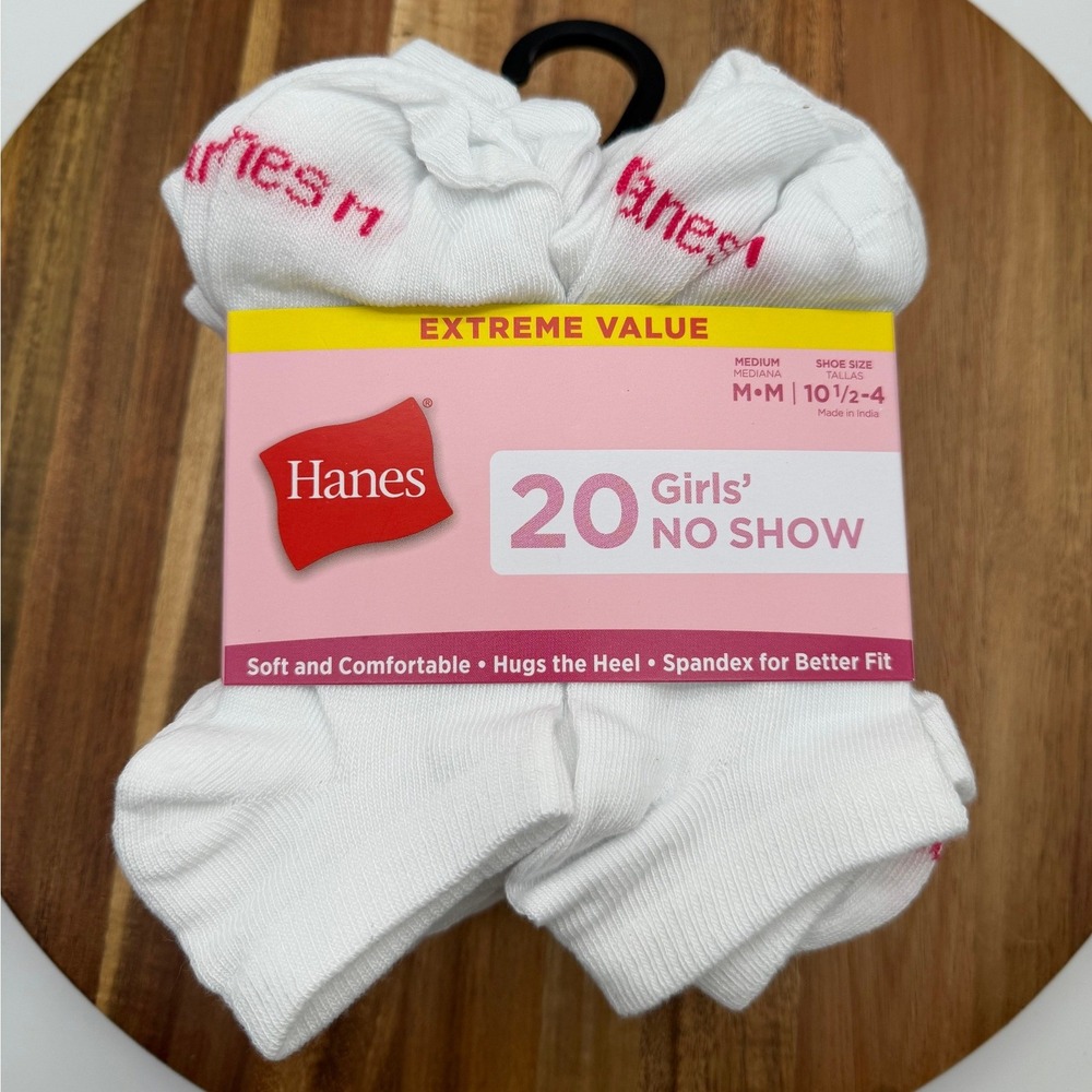 Hanes Girls Size M 10.5-4 No Show Socks 20 Pair Pack White Pink Logo 2648
